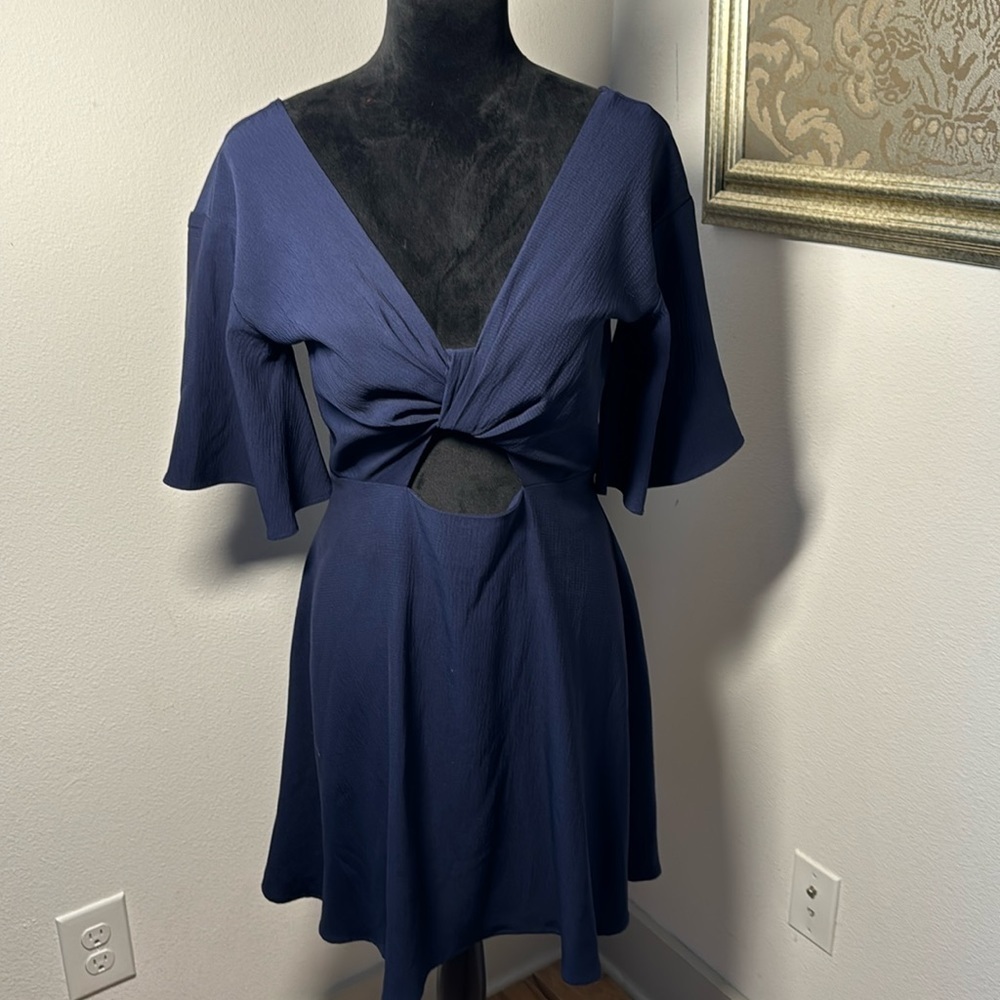 Alythea dark blue tummy keyhole fit & flare key hole back flutter sleeves dress‎